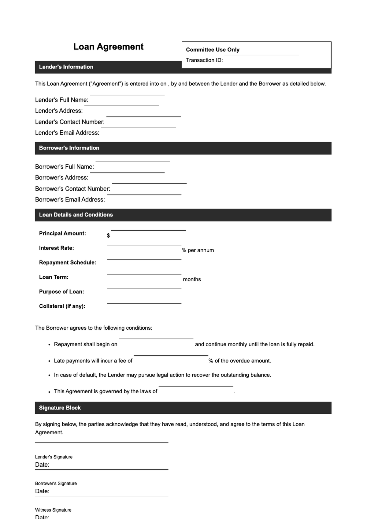 Formal loan agreement template for committee use with lender details and repayment terms_variant_3